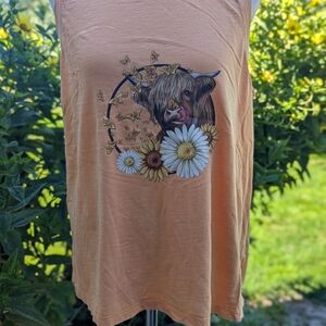 Time and Tru Peach Tank Top with Cow and Floral Design